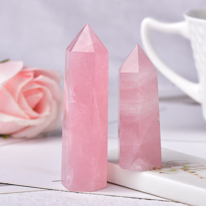 Rose Quartz Single Pointed Hexagonal Prism Beads Ornament Handmade Craved Gemstone