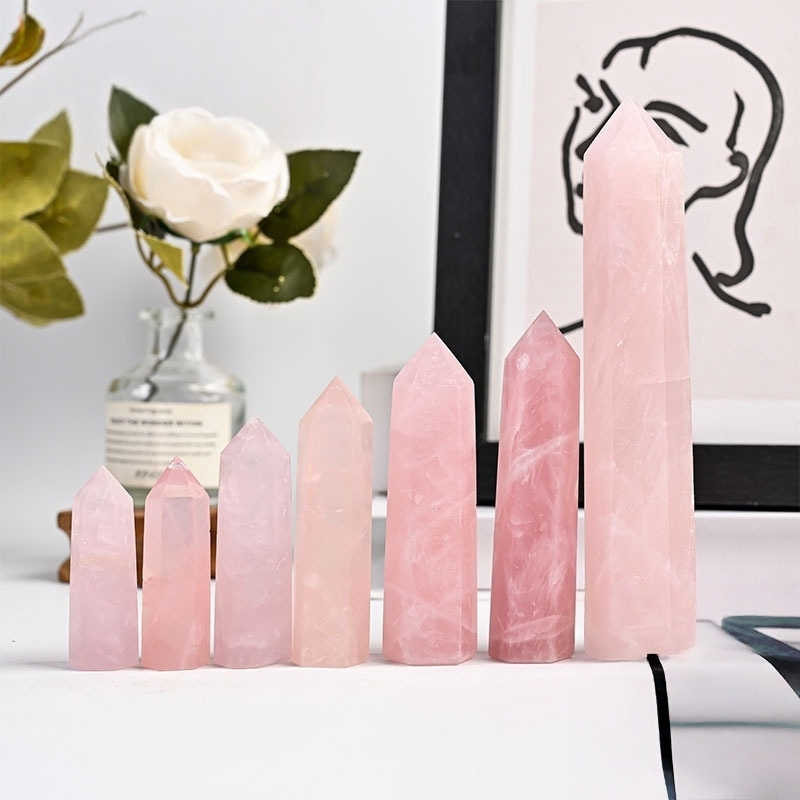 Rose Quartz Single Pointed Hexagonal Prism Beads Ornament Handmade Craved Gemstone