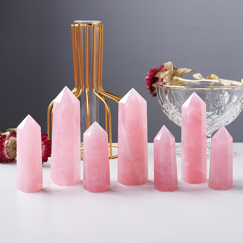 Rose Quartz Single Pointed Hexagonal Prism Beads Ornament Handmade Craved Gemstone