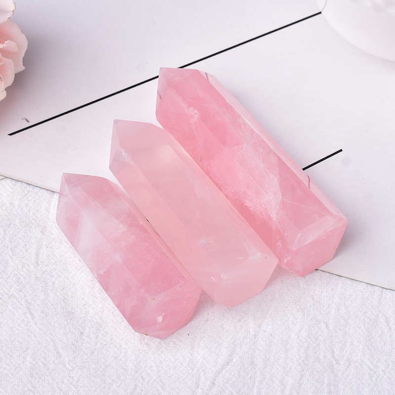 Rose Quartz Single Pointed Hexagonal Prism Beads Ornament Handmade Craved Gemstone