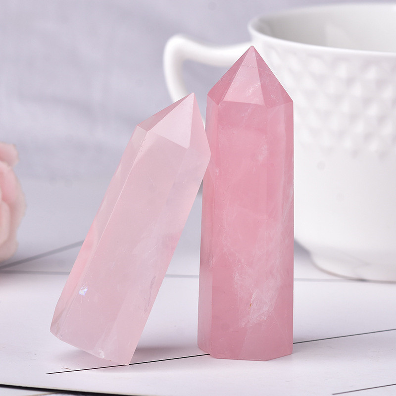 Rose Quartz Single Pointed Hexagonal Prism Beads Ornament Handmade Craved Gemstone