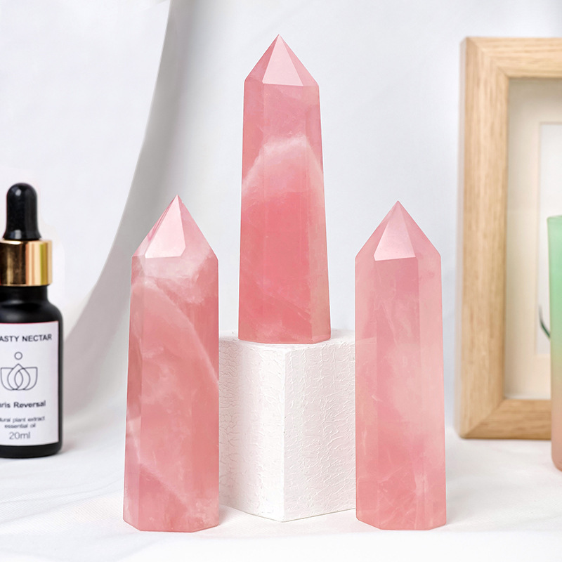 Rose Quartz Single Pointed Hexagonal Prism Beads Ornament Handmade Craved Gemstone