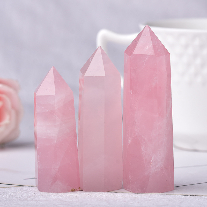 Rose Quartz Single Pointed Hexagonal Prism Beads Ornament Handmade Craved Gemstone
