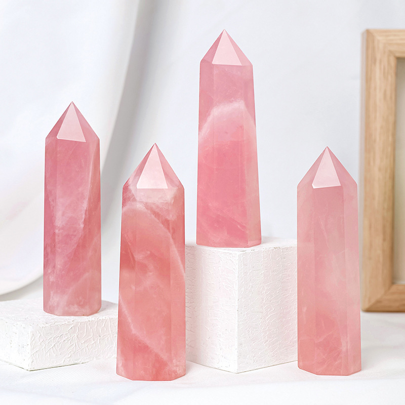 Rose Quartz Single Pointed Hexagonal Prism Beads Ornament Handmade Craved Gemstone