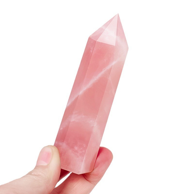 Rose Quartz Single Pointed Hexagonal Prism Beads Ornament Handmade Craved Gemstone