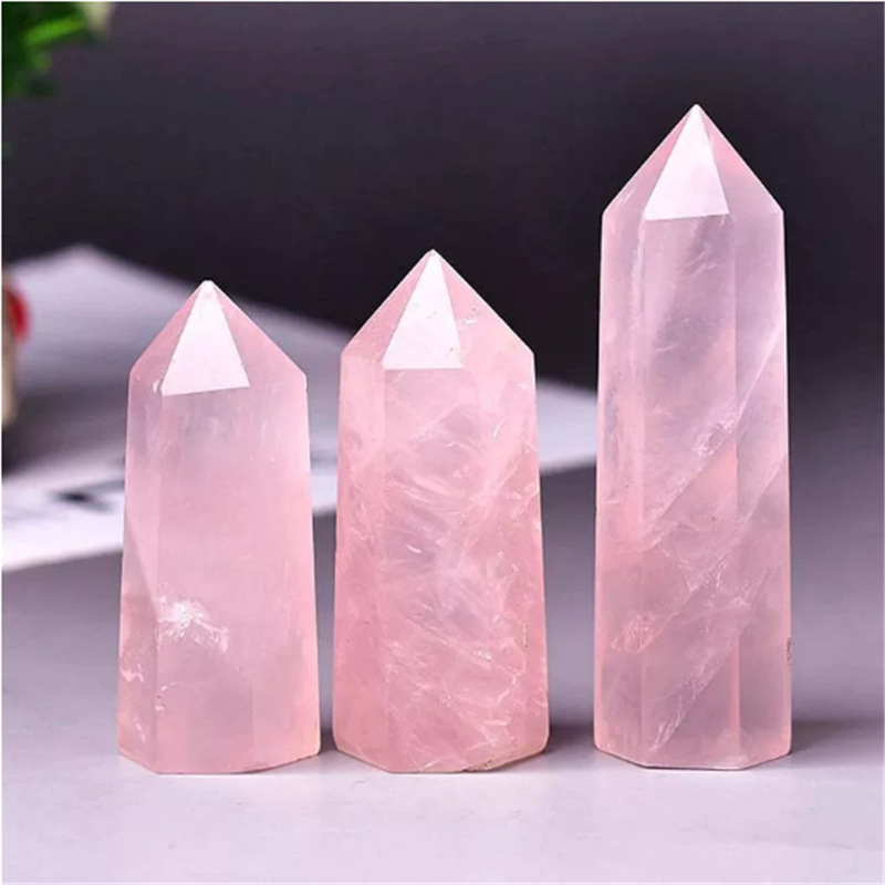 Rose Quartz Single Pointed Hexagonal Prism Beads Ornament Handmade Craved Gemstone