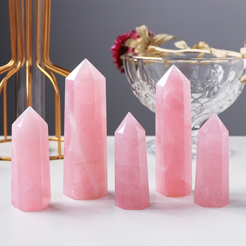 Rose Quartz Single Pointed Hexagonal Prism Beads Ornament Handmade Craved Gemstone