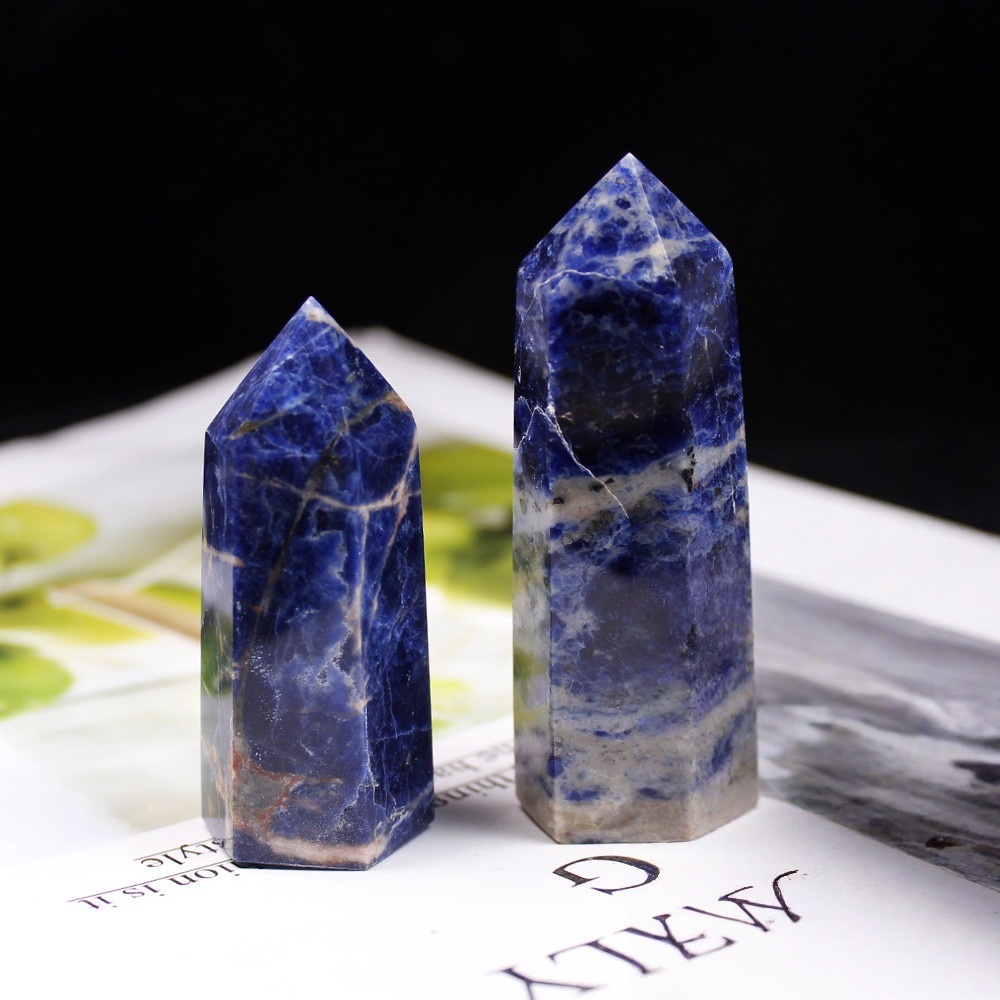 Sodalite Single Pointed Hexagonal Prism Beads Ornament Handmade Craved Gemstone