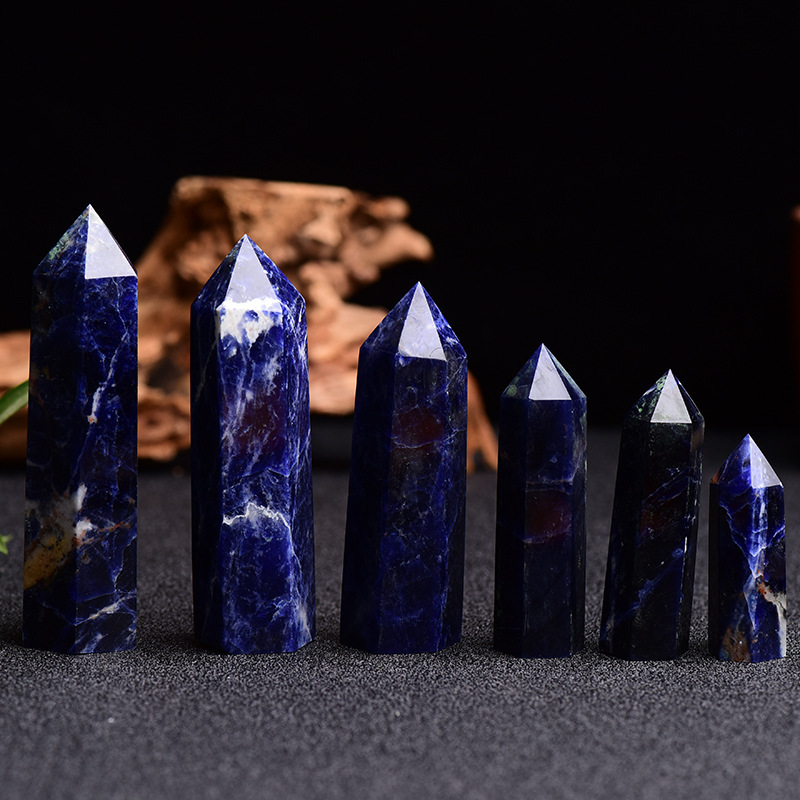 Sodalite Single Pointed Hexagonal Prism Beads Ornament Handmade Craved Gemstone