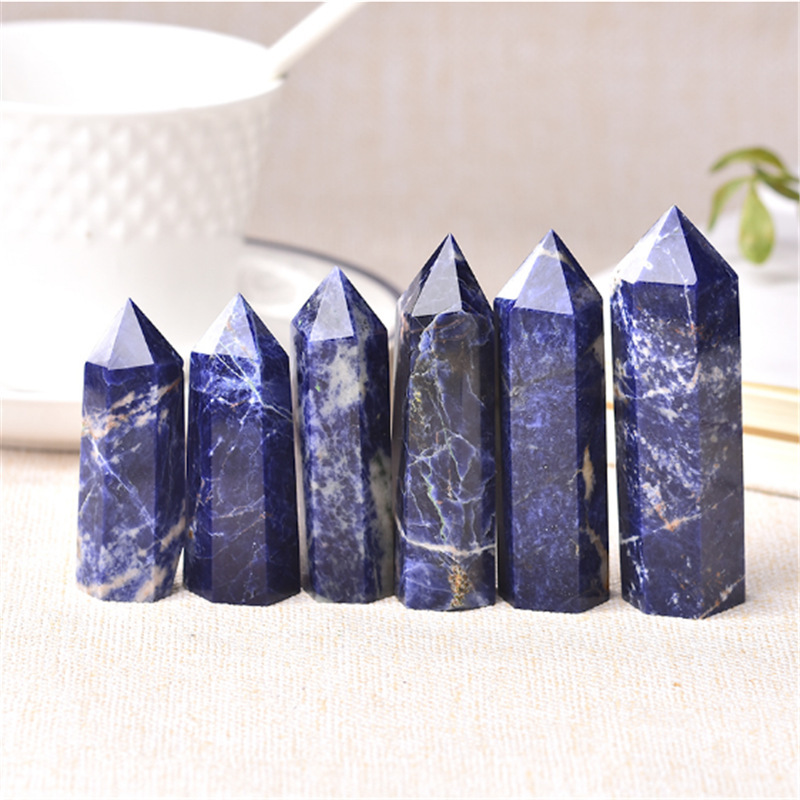 Sodalite Single Pointed Hexagonal Prism Beads Ornament Handmade Craved Gemstone