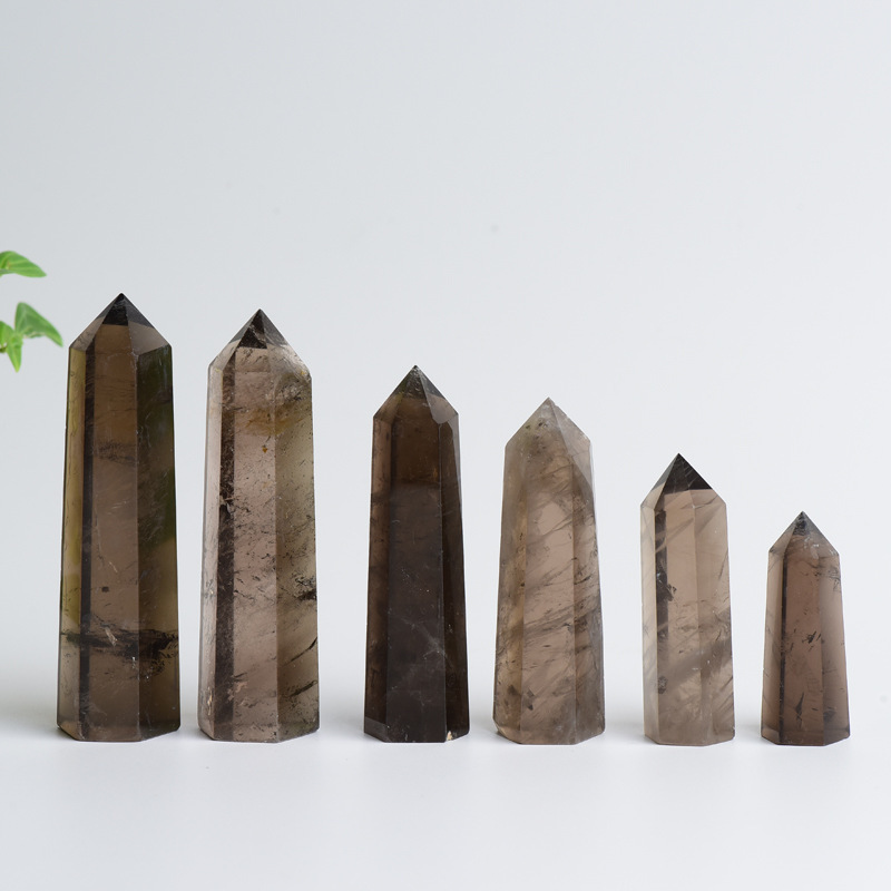 Smoky Quartz Single Pointed Hexagonal Prism Beads Ornament Handmade Craved Gemstone
