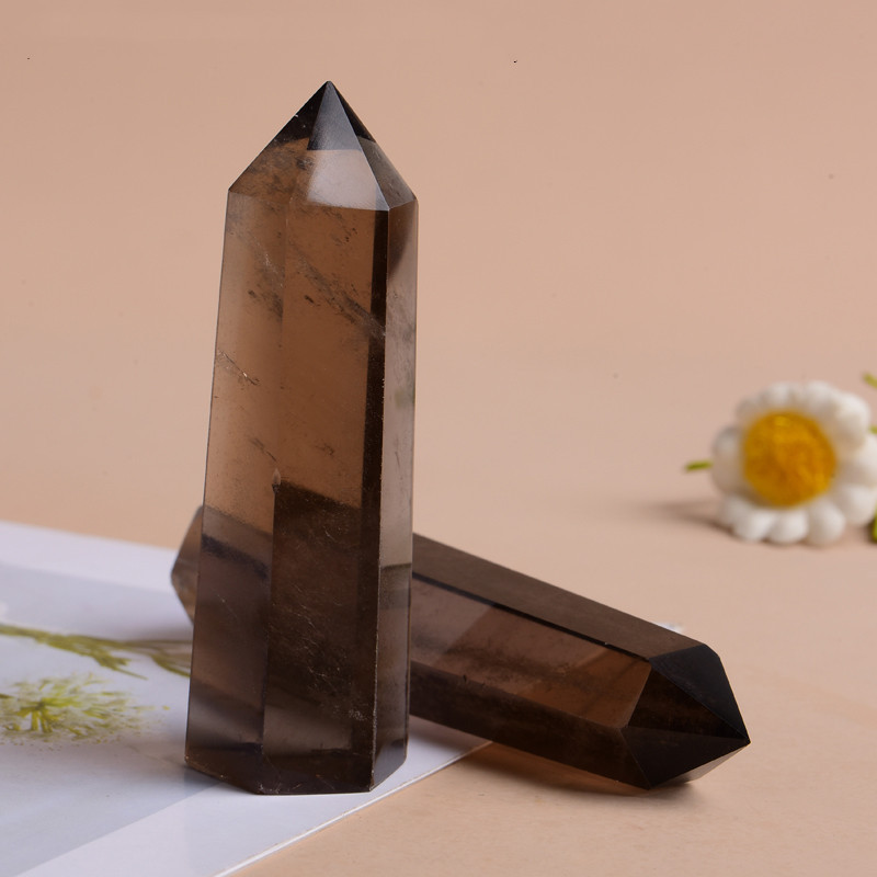 Smoky Quartz Single Pointed Hexagonal Prism Beads Ornament Handmade Craved Gemstone