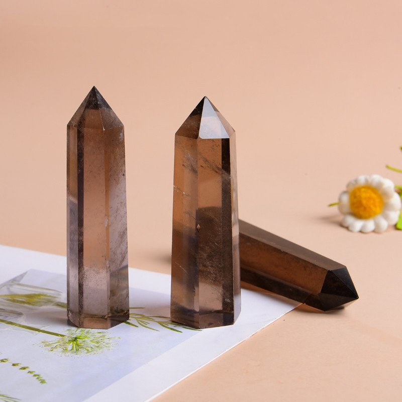 Smoky Quartz Single Pointed Hexagonal Prism Beads Ornament Handmade Craved Gemstone