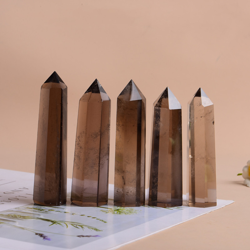 Smoky Quartz Single Pointed Hexagonal Prism Beads Ornament Handmade Craved Gemstone