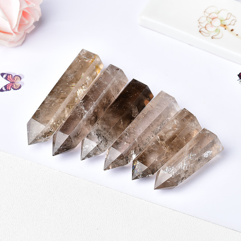 Smoky Quartz Single Pointed Hexagonal Prism Beads Ornament Handmade Craved Gemstone