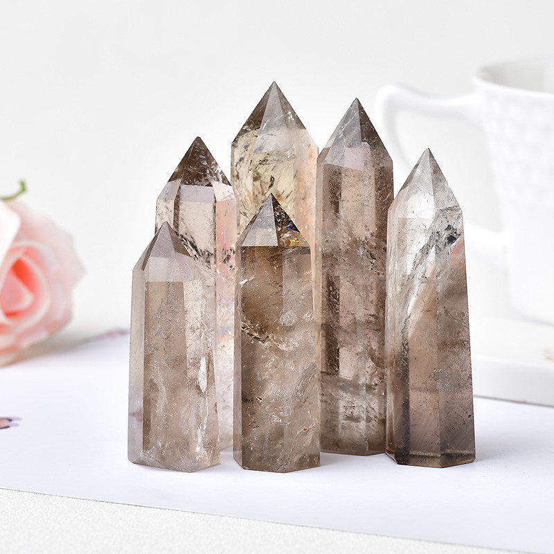 Smoky Quartz Single Pointed Hexagonal Prism Beads Ornament Handmade Craved Gemstone
