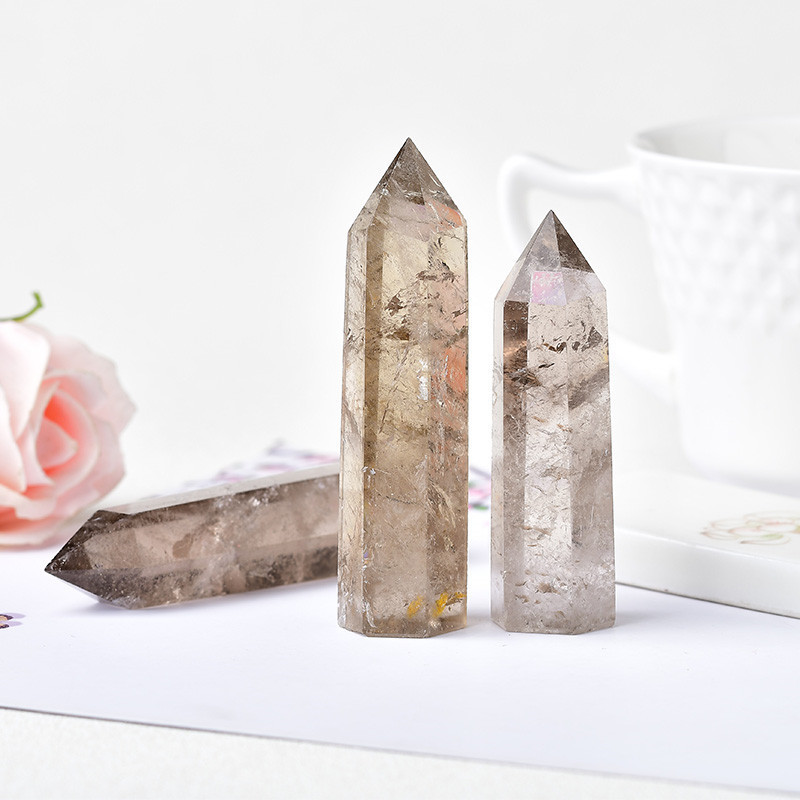 Smoky Quartz Single Pointed Hexagonal Prism Beads Ornament Handmade Craved Gemstone