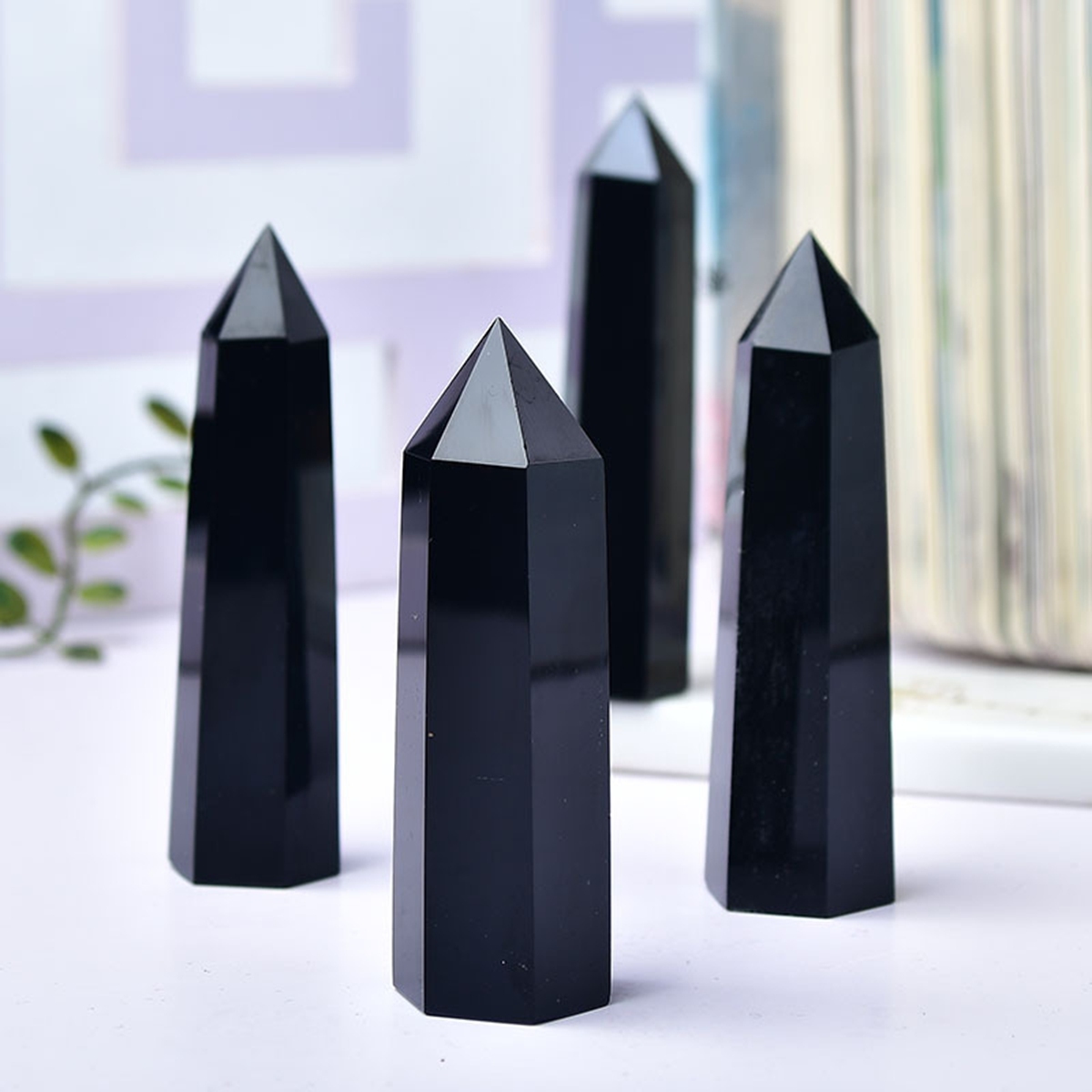 Black Obsidian Single Pointed Hexagonal Prism Beads Ornament Handmade Craved Gemstone