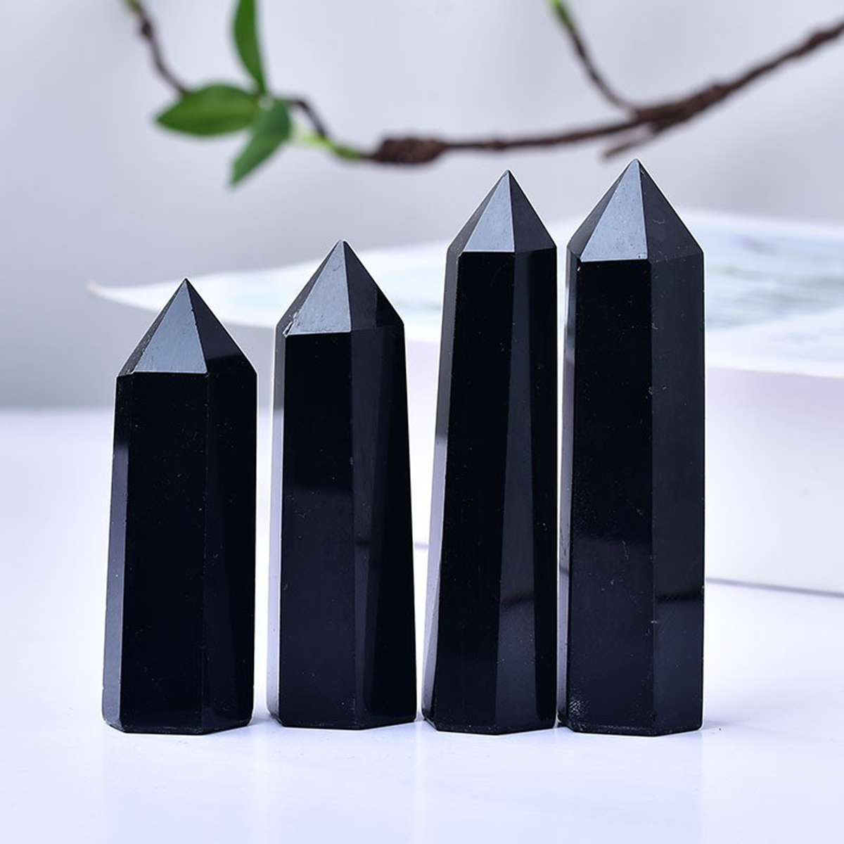 Black Obsidian Single Pointed Hexagonal Prism Beads Ornament Handmade Craved Gemstone