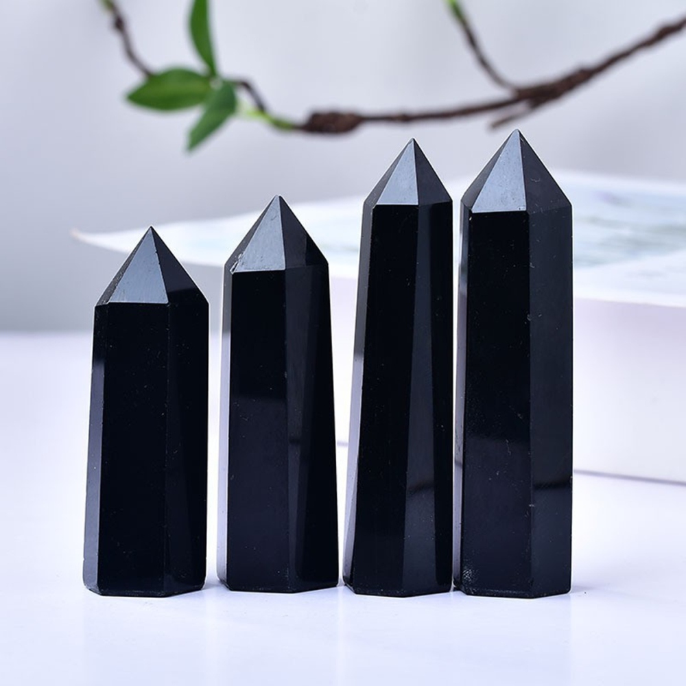 Black Obsidian Single Pointed Hexagonal Prism Beads Ornament Handmade Craved Gemstone