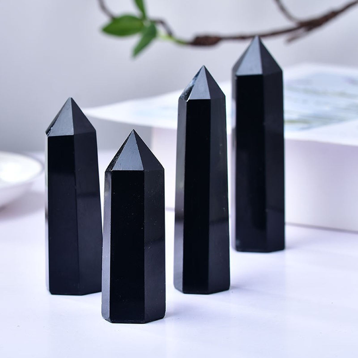 Black Obsidian Single Pointed Hexagonal Prism Beads Ornament Handmade Craved Gemstone