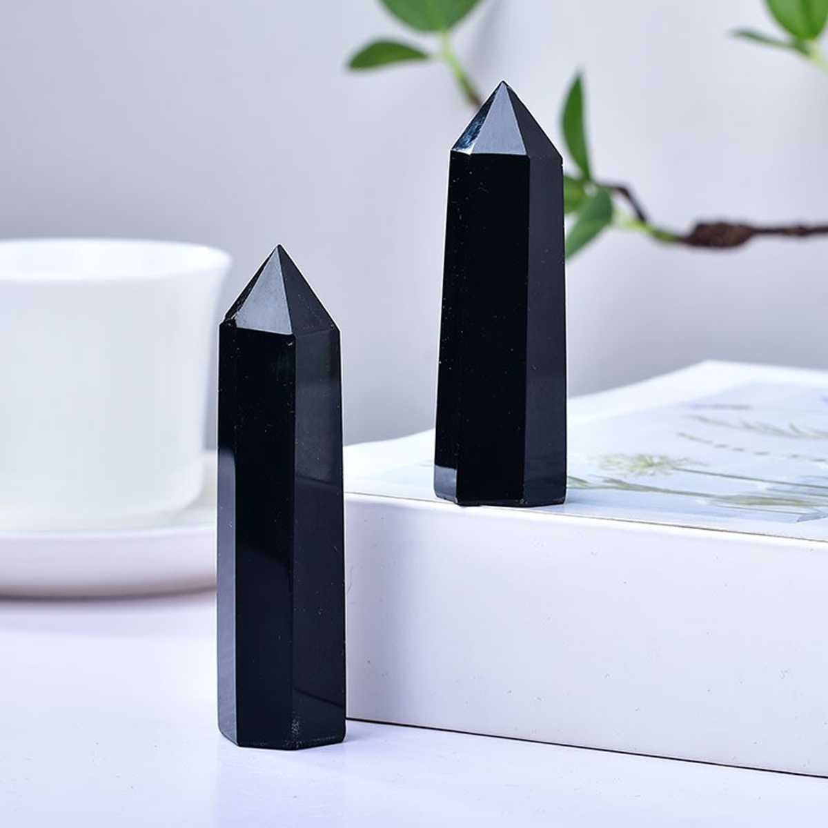 Black Obsidian Single Pointed Hexagonal Prism Beads Ornament Handmade Craved Gemstone