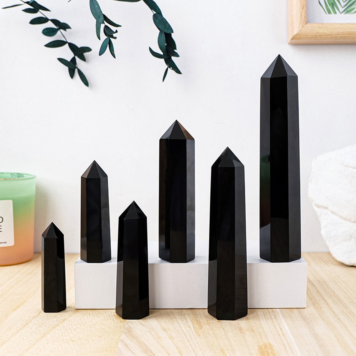 Black Obsidian Single Pointed Hexagonal Prism Beads Ornament Handmade Craved Gemstone