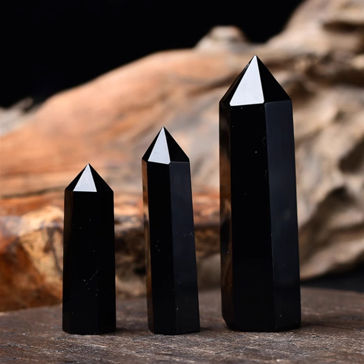 Black Obsidian Single Pointed Hexagonal Prism Beads Ornament Handmade Craved Gemstone