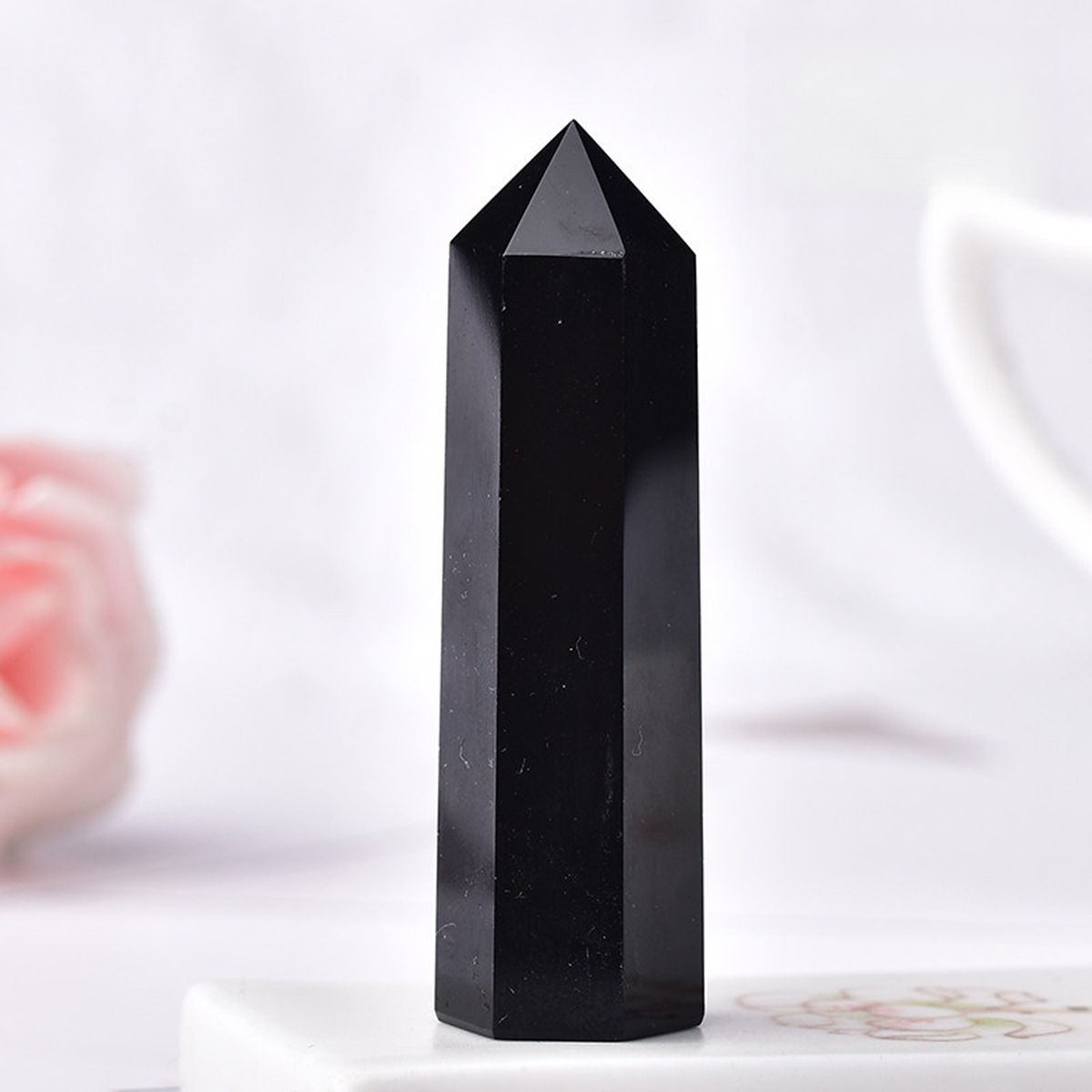 Black Obsidian Single Pointed Hexagonal Prism Beads Ornament Handmade Craved Gemstone