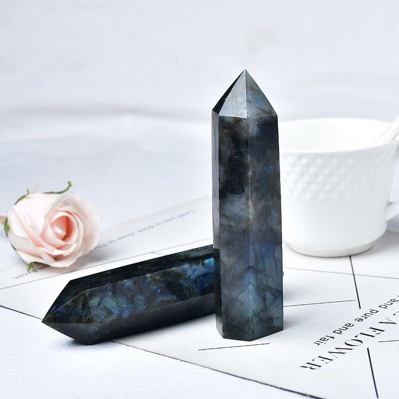 Labradorite Single Pointed Hexagonal Prism Beads Ornament Handmade Craved Gemstone