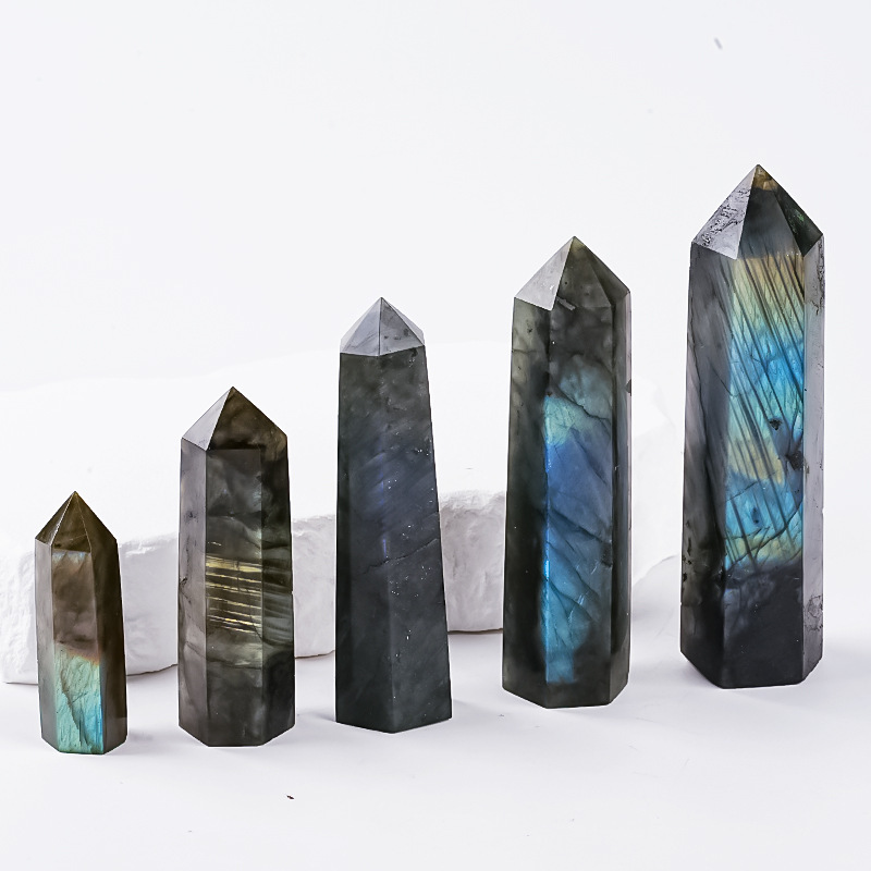 Labradorite Single Pointed Hexagonal Prism Beads Ornament Handmade Craved Gemstone