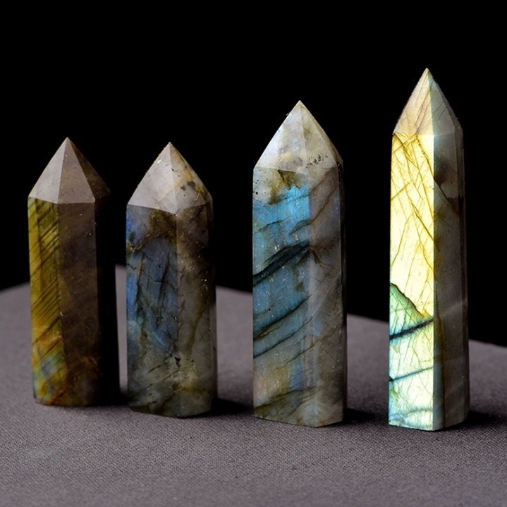 Labradorite Single Pointed Hexagonal Prism Beads Ornament Handmade Craved Gemstone