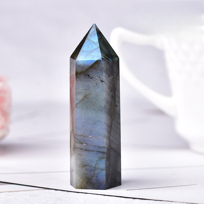 Labradorite Single Pointed Hexagonal Prism Beads Ornament Handmade Craved Gemstone
