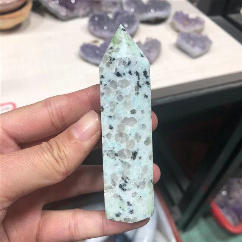 Kiwi Stone Single Pointed Hexagonal Prism Beads Ornament 206SP1492 Handmade Craved Gemstone