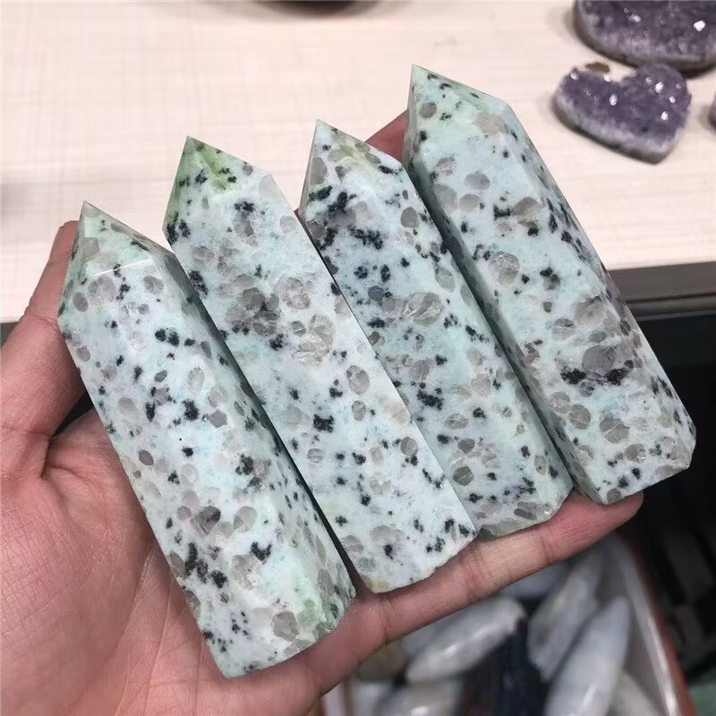 Kiwi Stone Single Pointed Hexagonal Prism Beads Ornament 206SP1492 Handmade Craved Gemstone