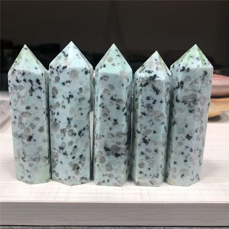 Kiwi Stone Single Pointed Hexagonal Prism Beads Ornament 206SP1492 Handmade Craved Gemstone
