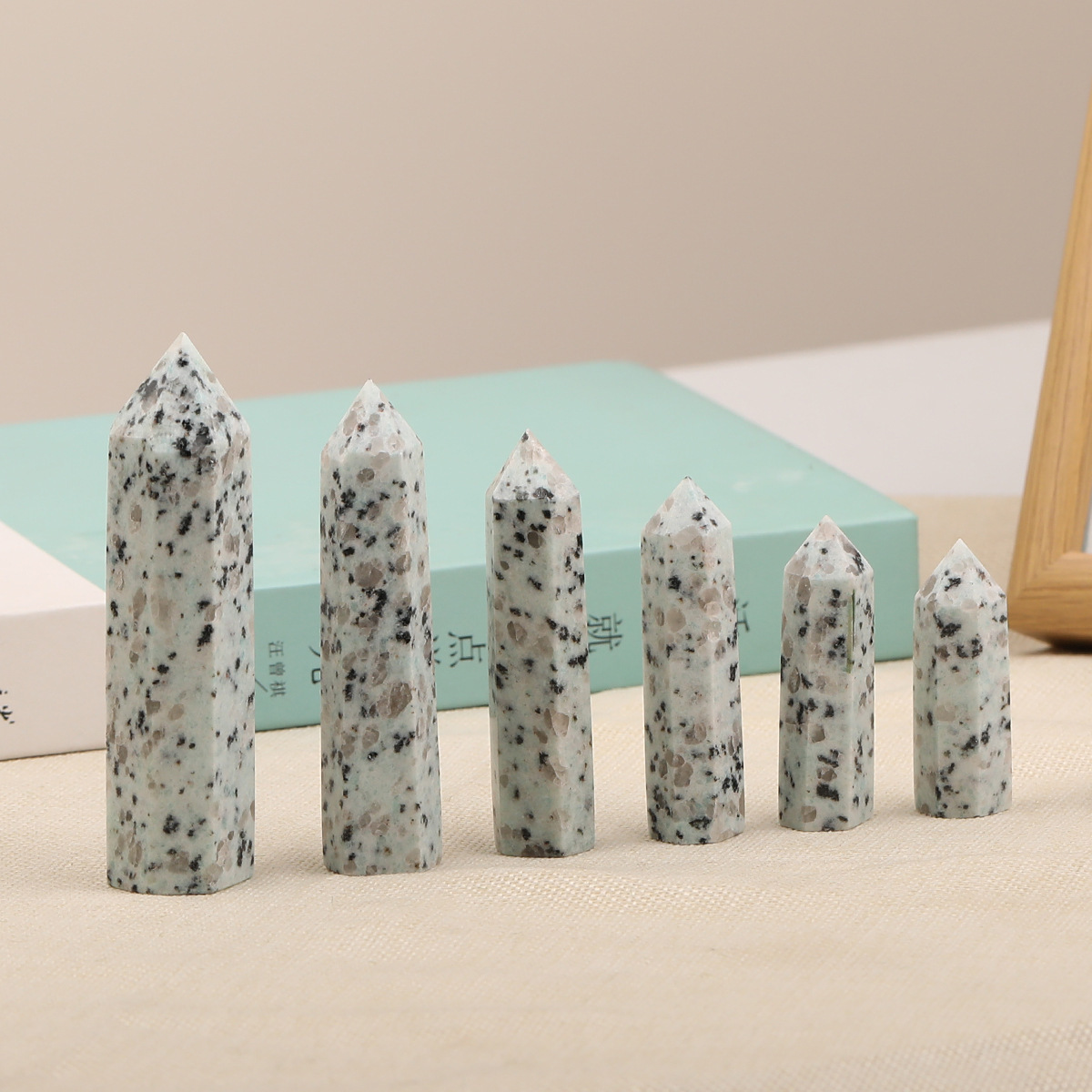 Kiwi Stone Single Pointed Hexagonal Prism Beads Ornament 206SP1492 Handmade Craved Gemstone