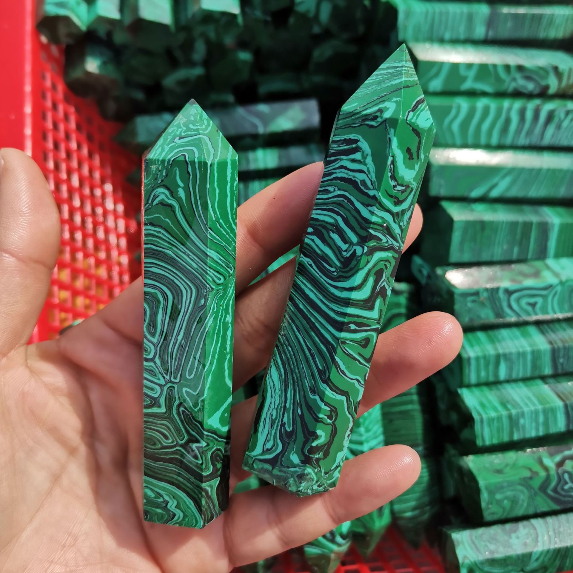 Syn.Malachite Single Pointed Hexagonal Prism Beads Ornament Handmade Craved Gemstone