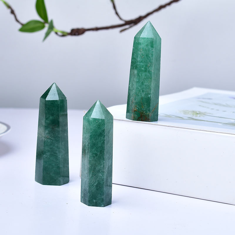 Green Strawberry Quartz Single Pointed Hexagonal Prism Beads Ornament Handmade Craved Gemstone