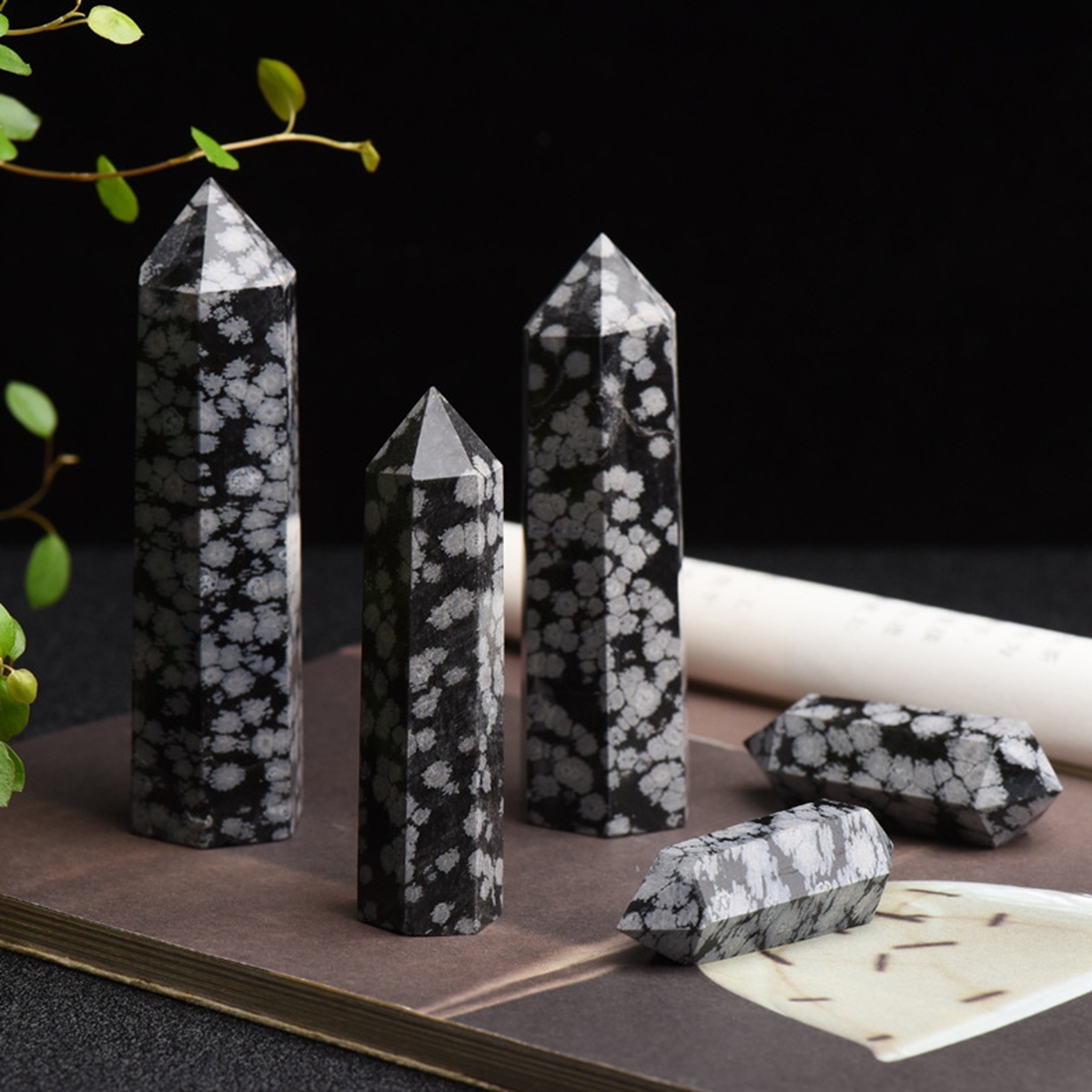 Snowflake Obsidian Single Pointed Hexagonal Prism Beads Ornament Handmade Craved Gemstone