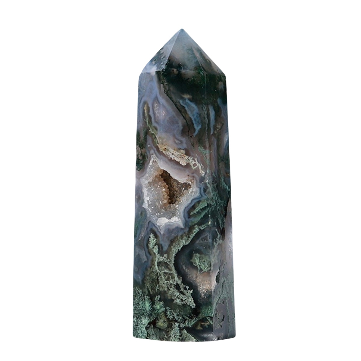 Moss Agate  Single Pointed Hexagonal Prism Beads Ornament Handmade Craved Gemstone
