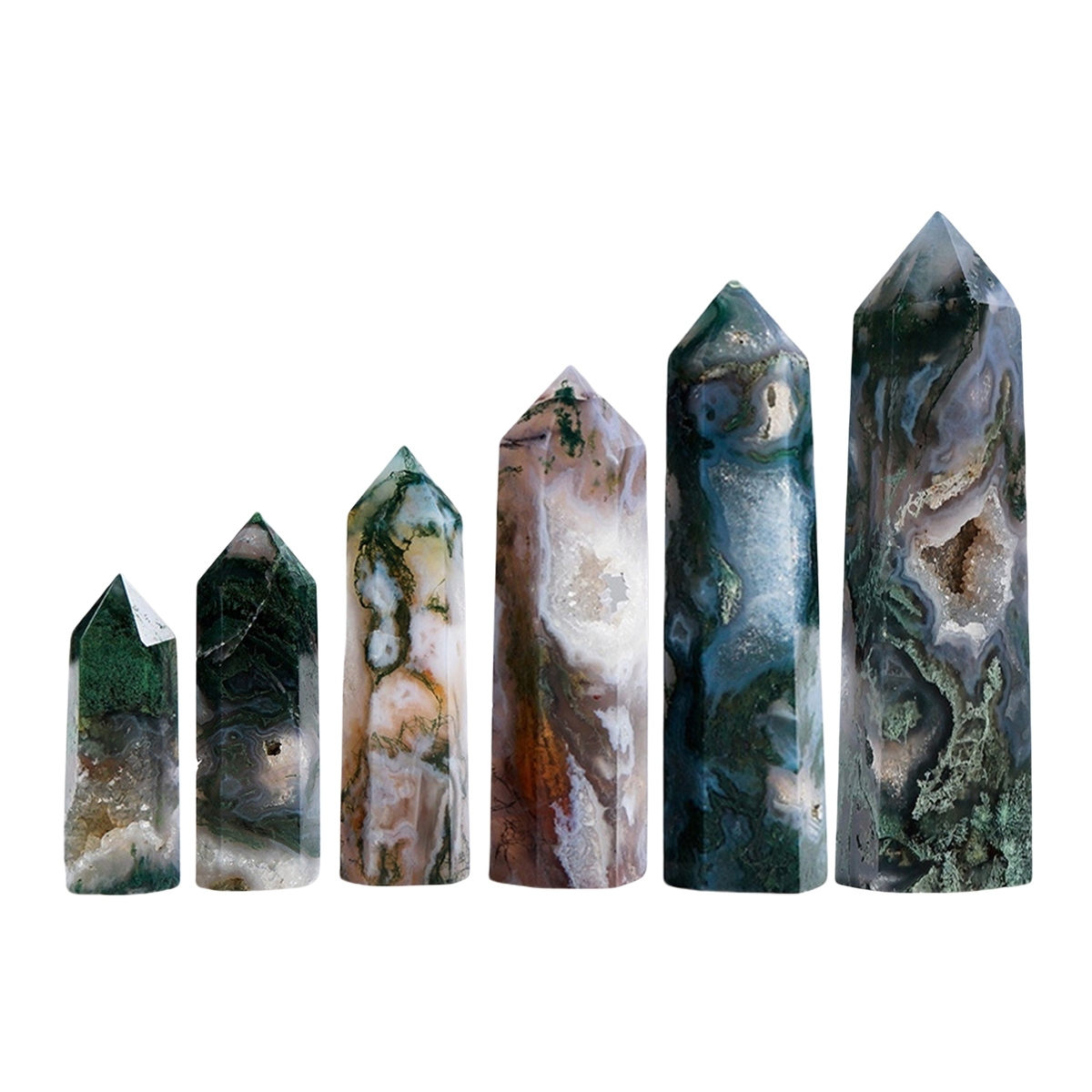 Moss Agate  Single Pointed Hexagonal Prism Beads Ornament Handmade Craved Gemstone