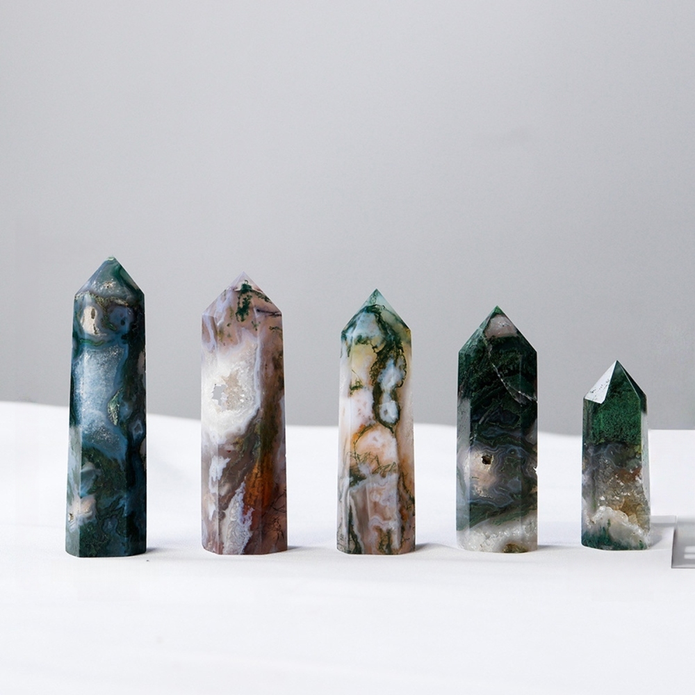 Moss Agate  Single Pointed Hexagonal Prism Beads Ornament Handmade Craved Gemstone