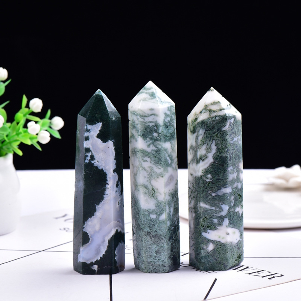 Moss Agate  Single Pointed Hexagonal Prism Beads Ornament Handmade Craved Gemstone