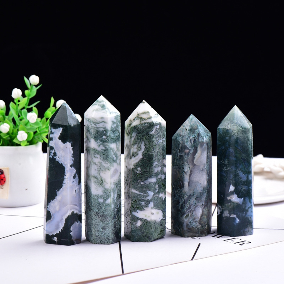 Moss Agate  Single Pointed Hexagonal Prism Beads Ornament Handmade Craved Gemstone