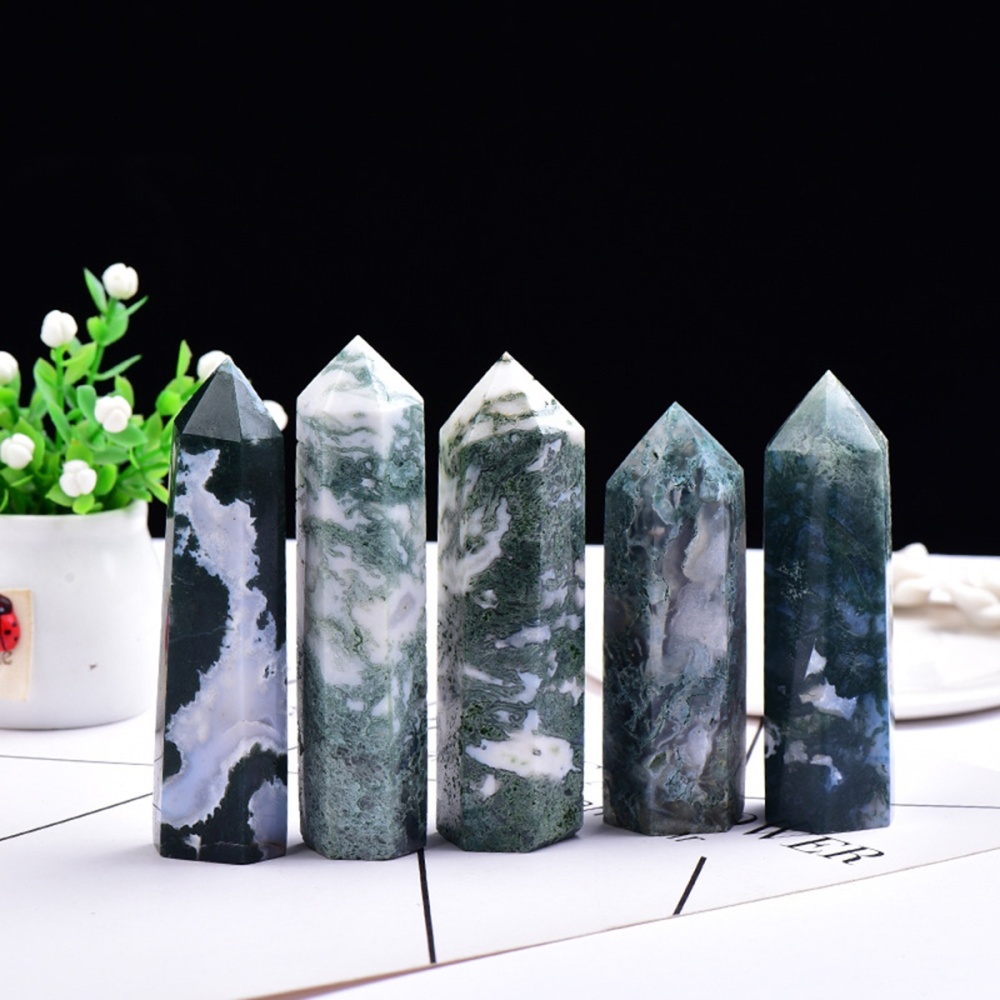 Moss Agate  Single Pointed Hexagonal Prism Beads Ornament Handmade Craved Gemstone