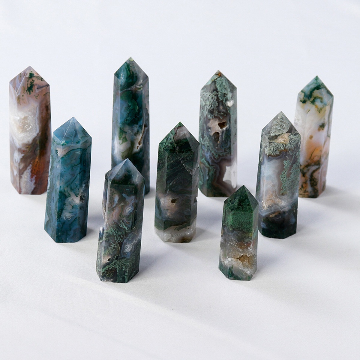Moss Agate  Single Pointed Hexagonal Prism Beads Ornament Handmade Craved Gemstone