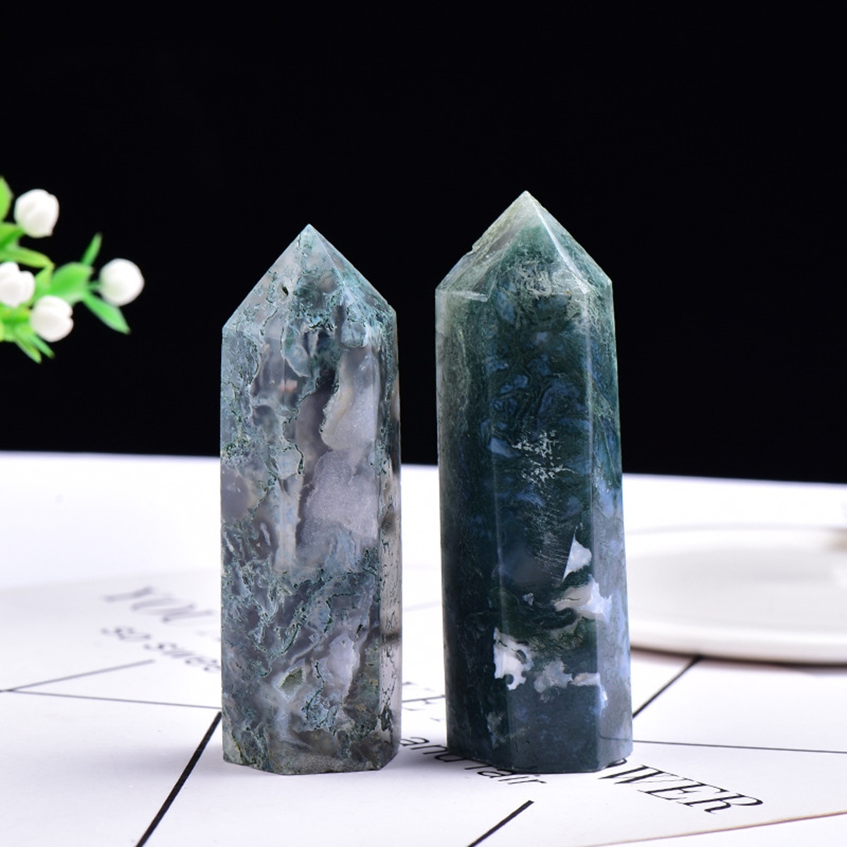 Moss Agate  Single Pointed Hexagonal Prism Beads Ornament Handmade Craved Gemstone