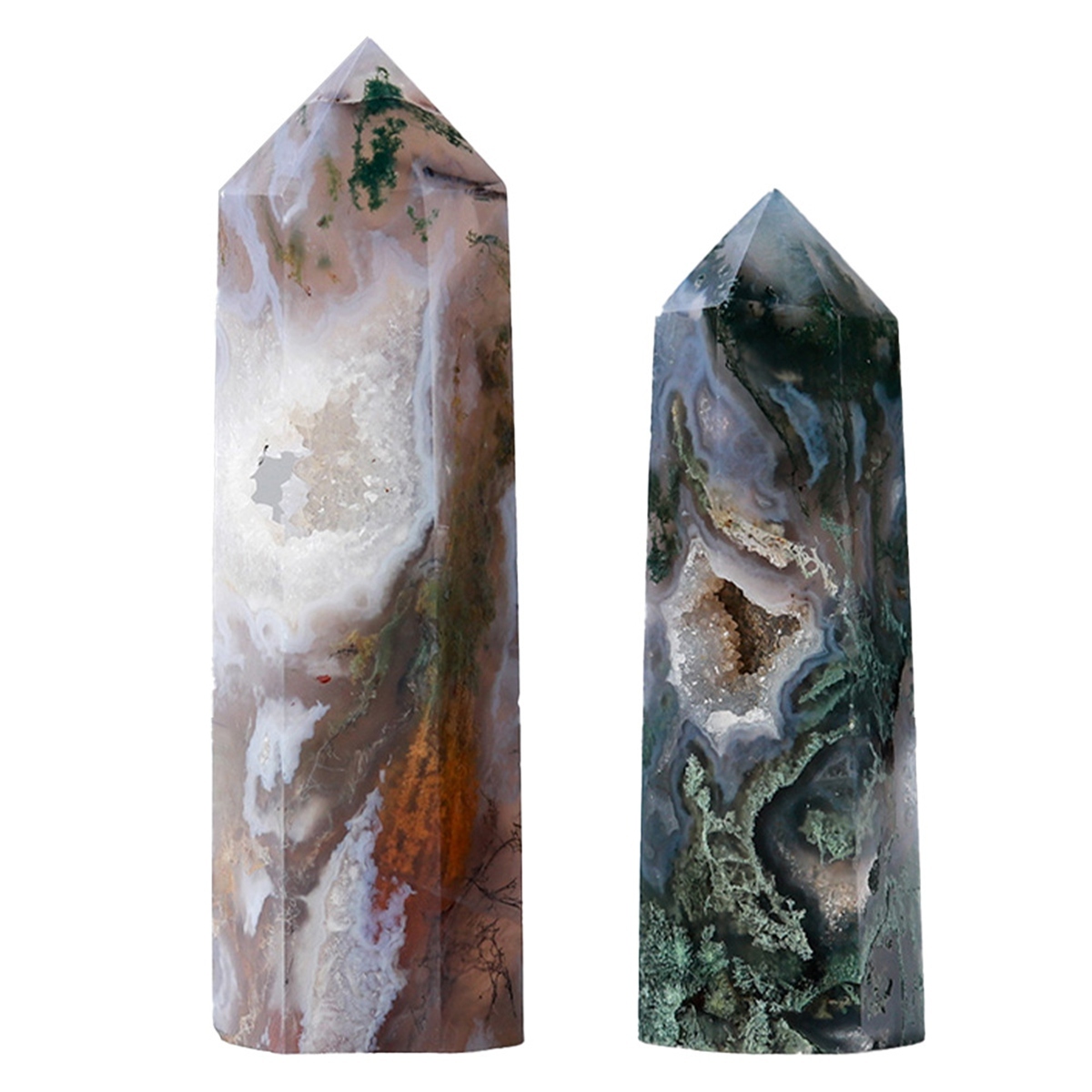 Moss Agate  Single Pointed Hexagonal Prism Beads Ornament Handmade Craved Gemstone