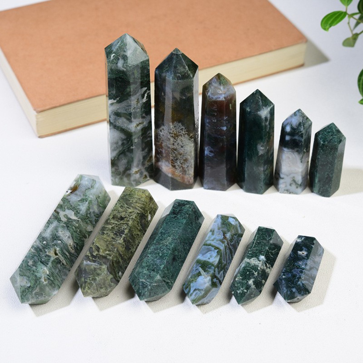 Moss Agate  Single Pointed Hexagonal Prism Beads Ornament Handmade Craved Gemstone